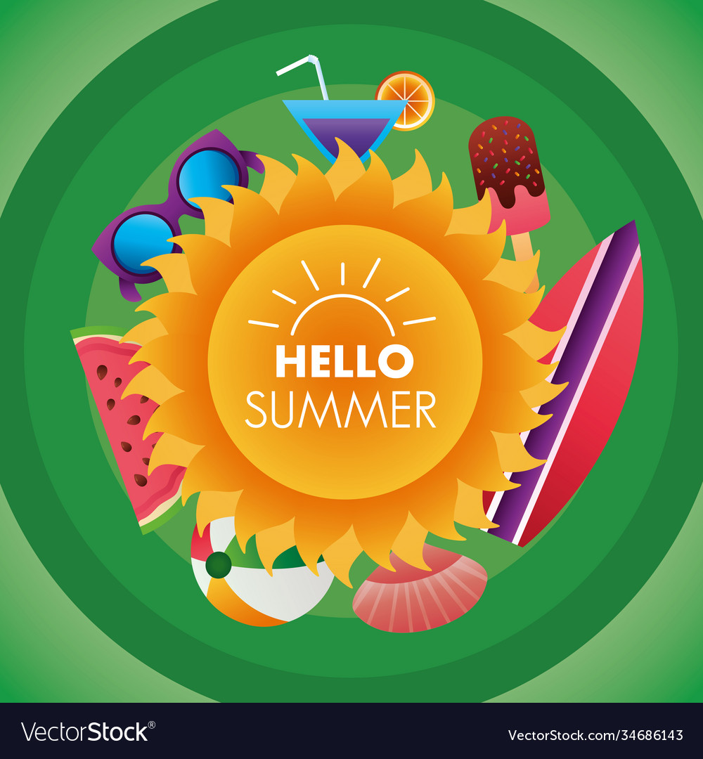 Hello summer season lettering with sun and set