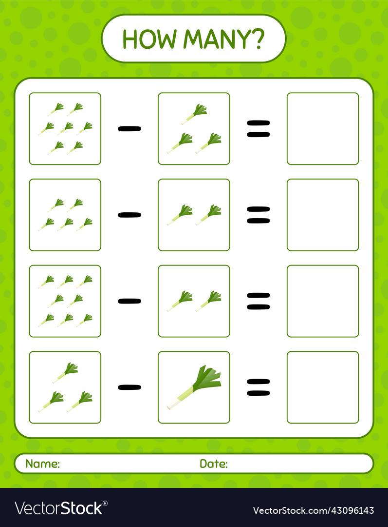How many counting game with leek worksheet Vector Image How many counting game with leek worksheet