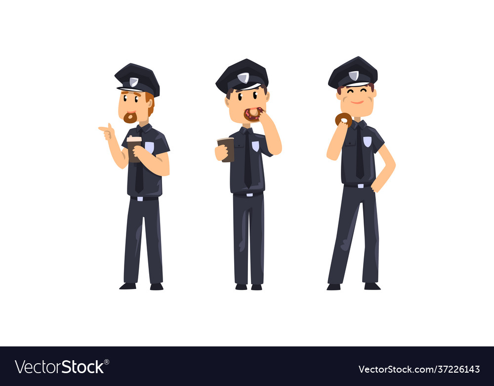 Male police officers eating donuts and drinking Vector Image