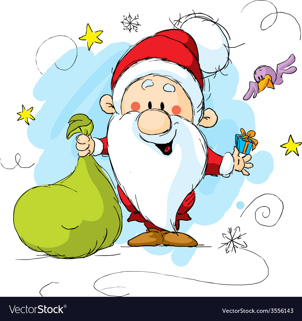 Santa claus holding a bag and gift in hands