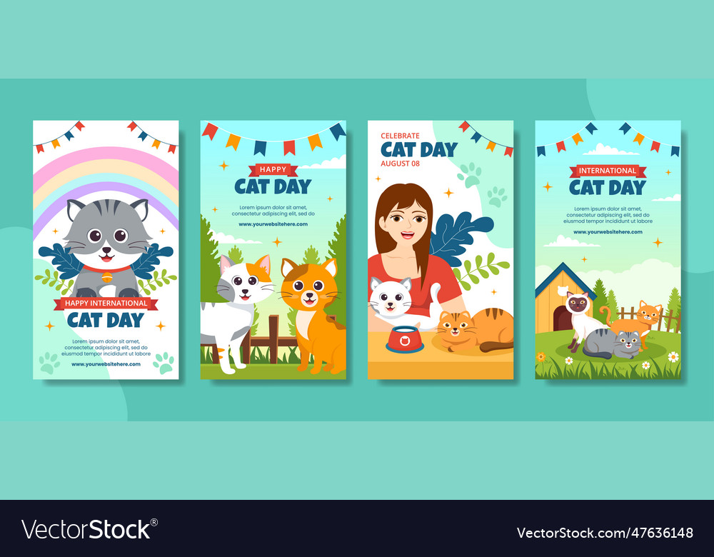 Cat day social media stories flat cartoon hand Vector Image