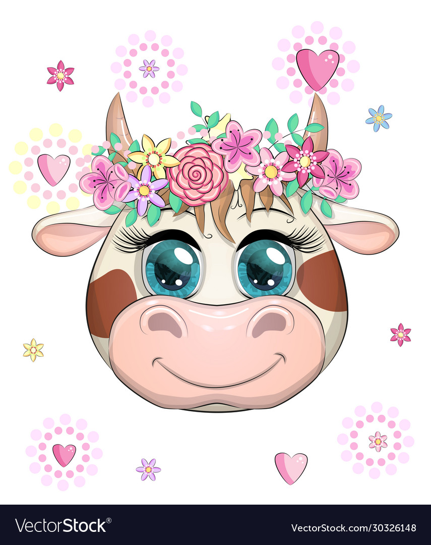 Cute cartoon face cow in a wreath flowers Vector Image