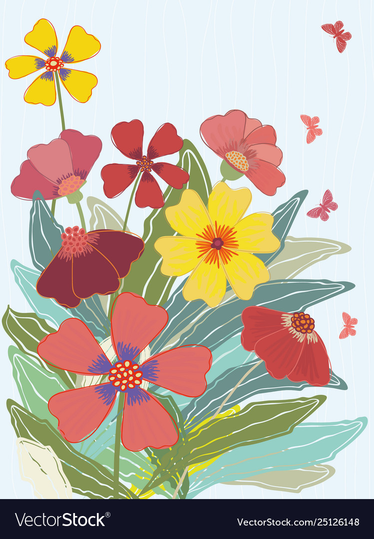 Multicolor hand drawn flowers and butterflies