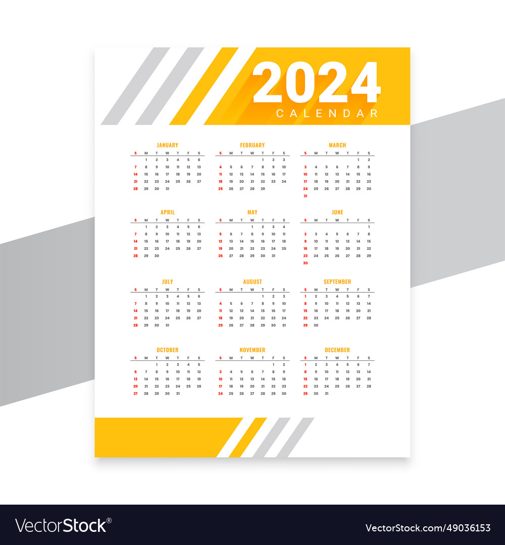 White and yellow 2024 monthly planner calendar Vector Image