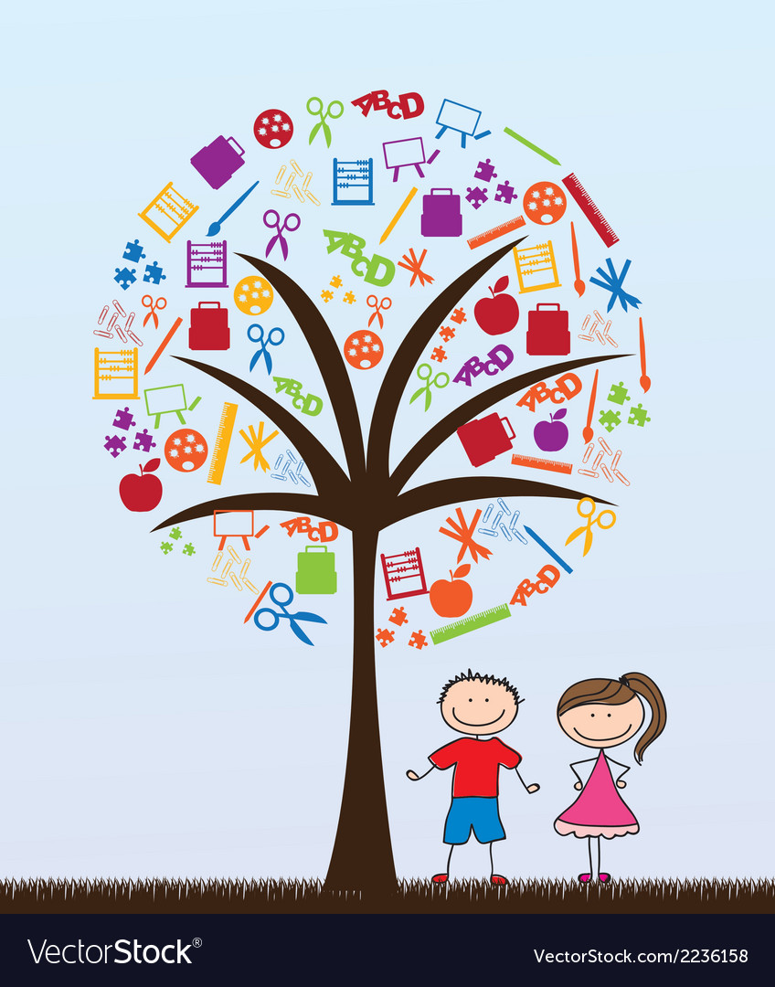 Pair children with school supplies tree