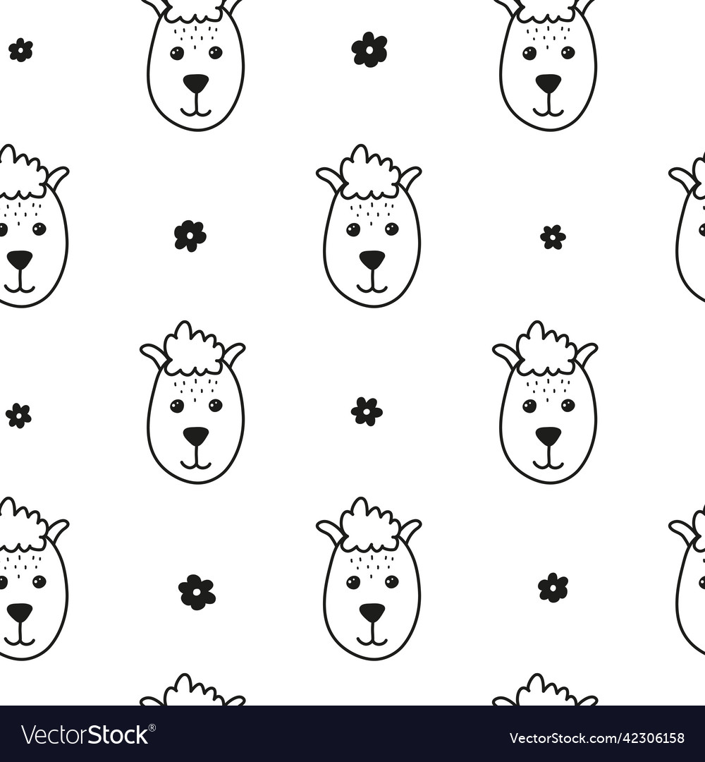 Seamless pattern with doodle lama faces