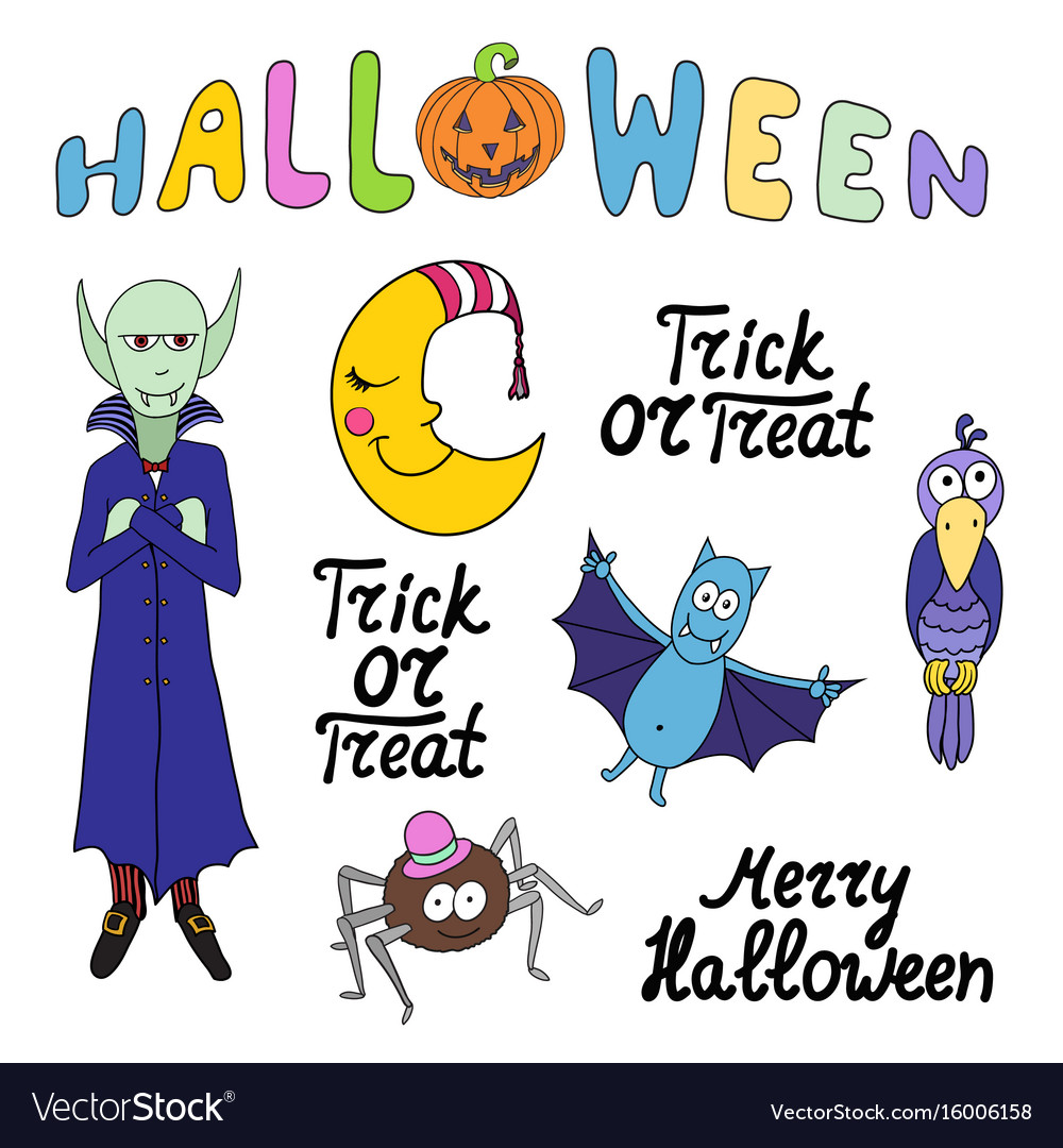 Set of cartoon halloween characters and words