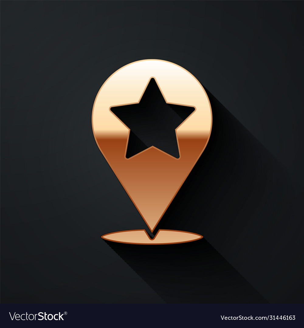 Gold map pointer with star icon isolated on black