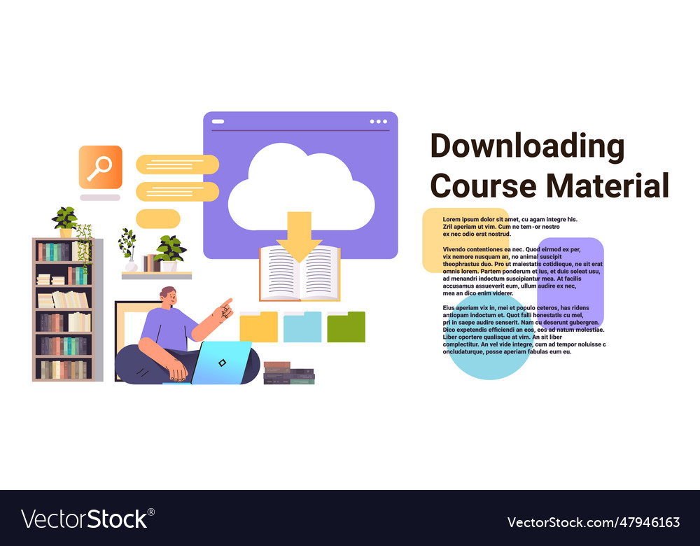 Student downloading course material from virtual vector image Student downloading course material from virtual