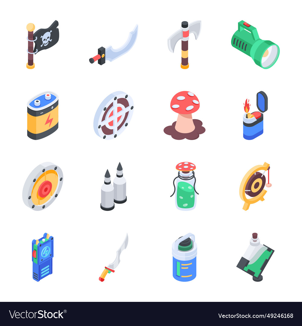 Set of game features isometric icons