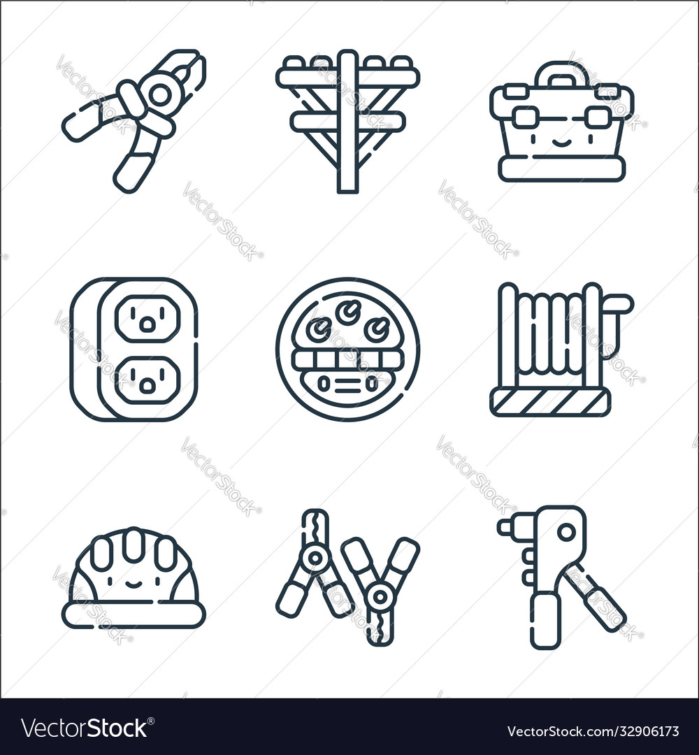 Electrician tools and line icons linear set vector image Electrician tools and line icons linear set