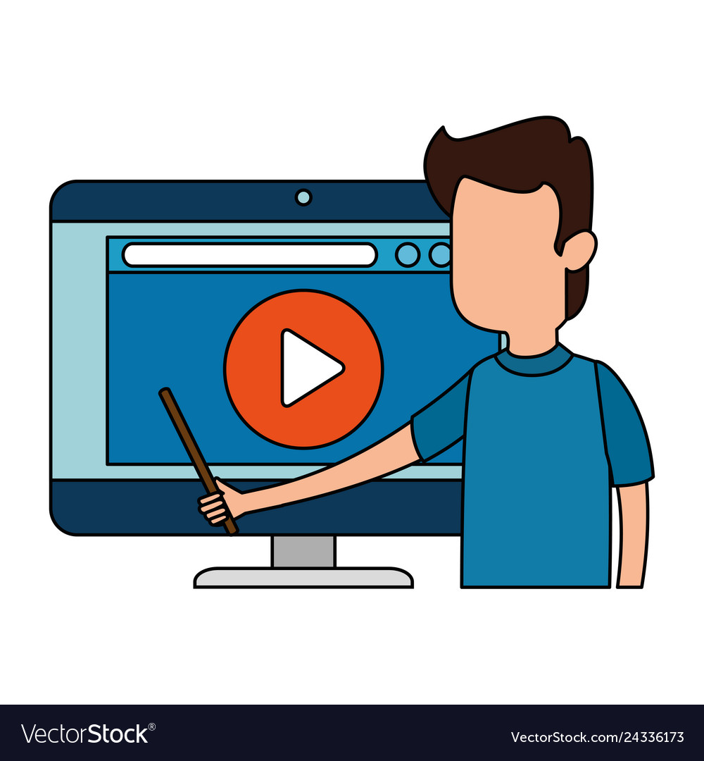Man teaching with computer and media player Vector Image Man teaching with computer and media player
