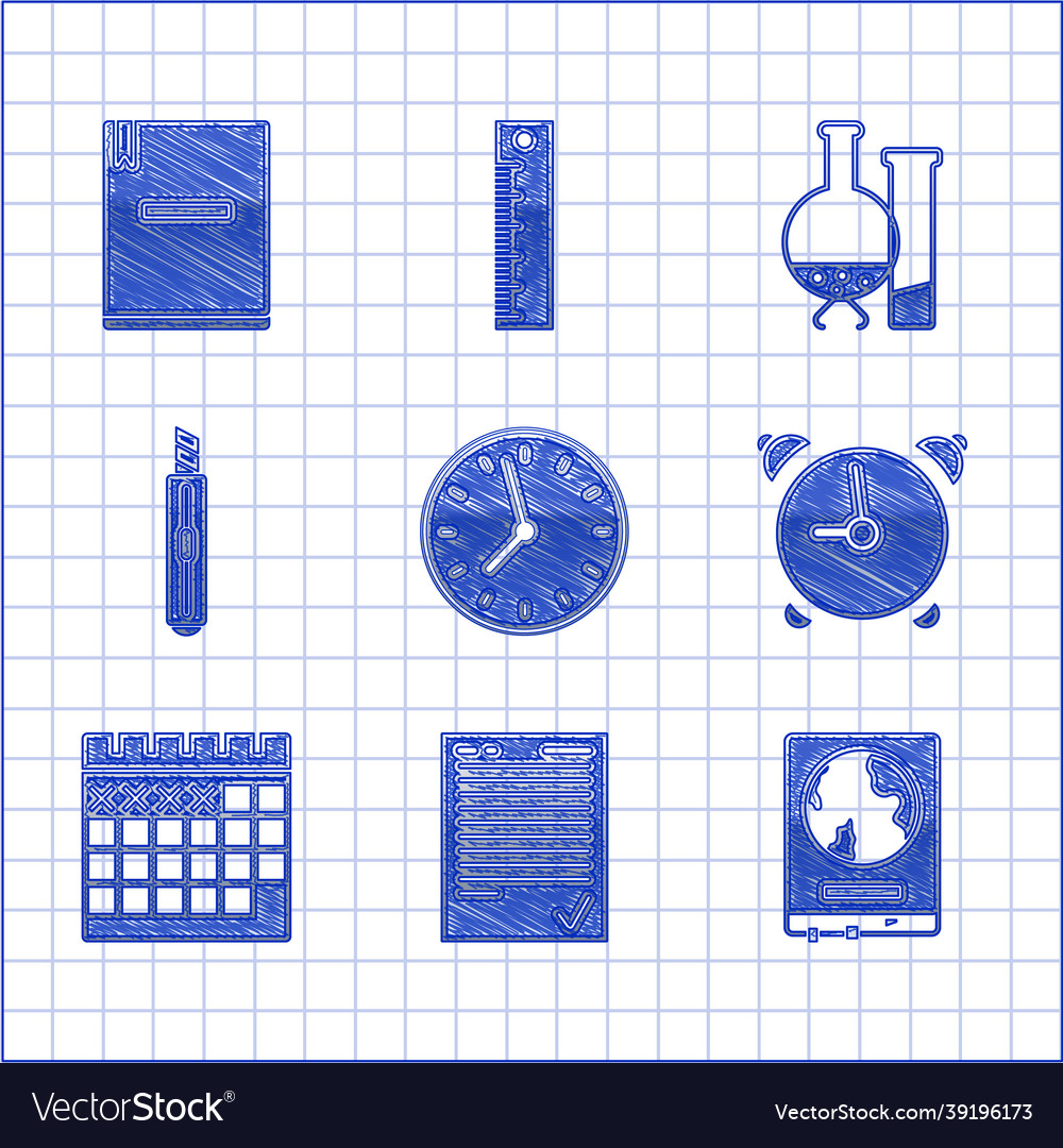 Set clock exam sheet with check mark world map vector image Set clock exam sheet with check mark world map