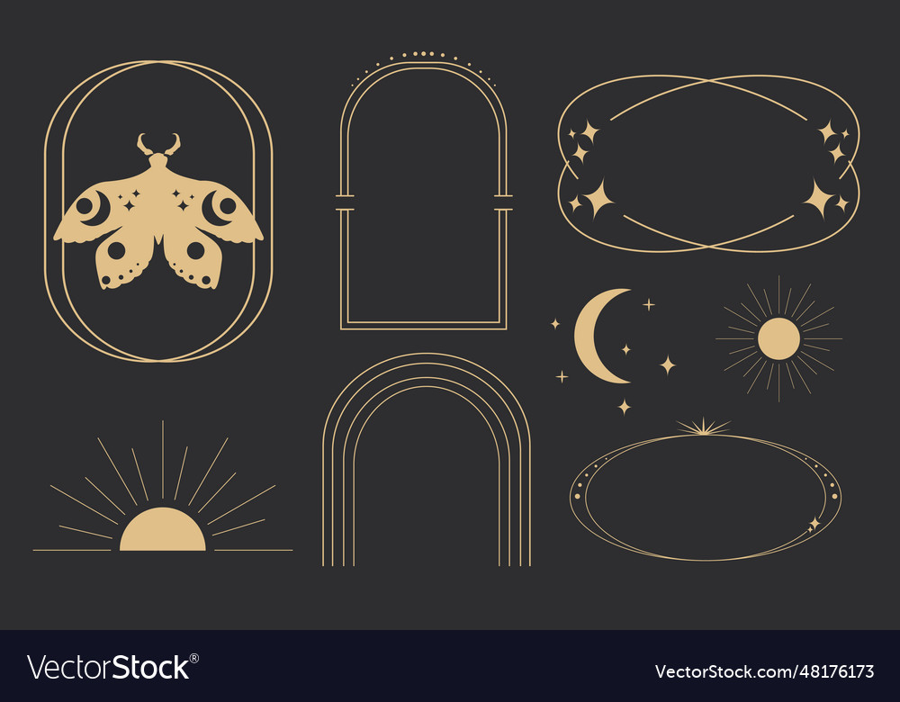 Set golden celestial frames borders arch line vector image Set golden celestial frames borders arch line