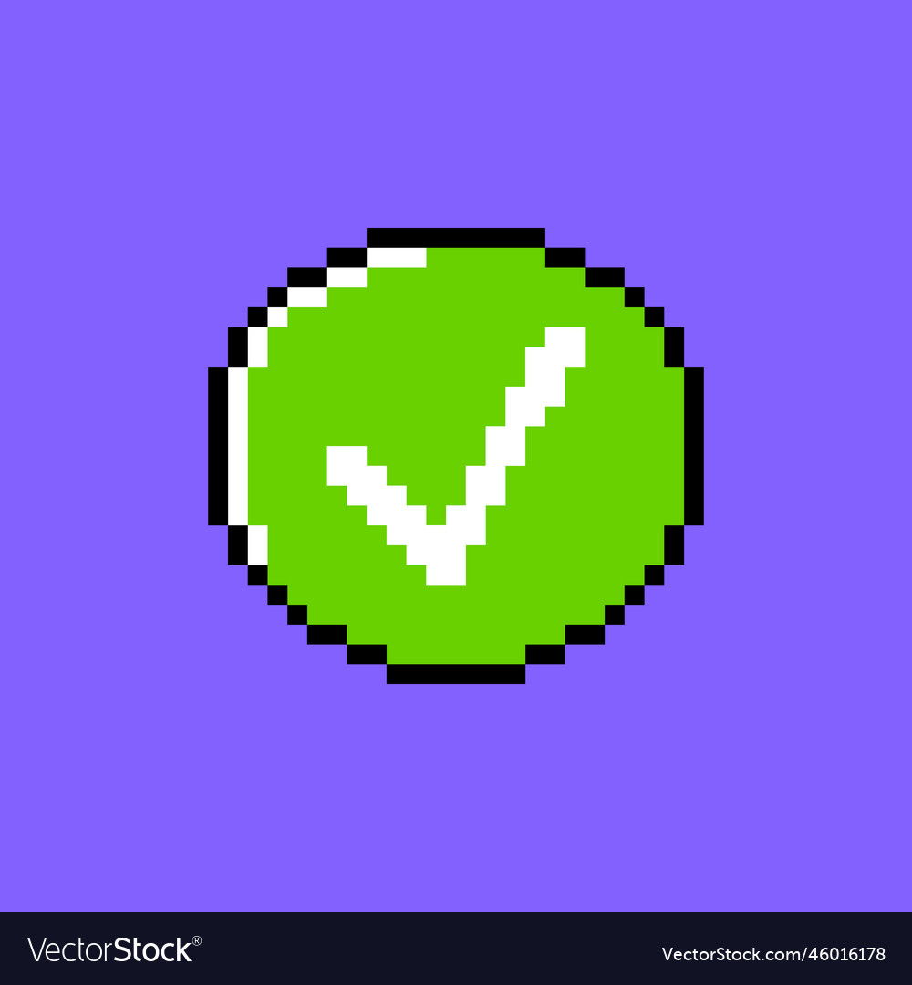 Cartoon green pixel check mark yes ui button vector image Cartoon green pixel check mark yes ui button