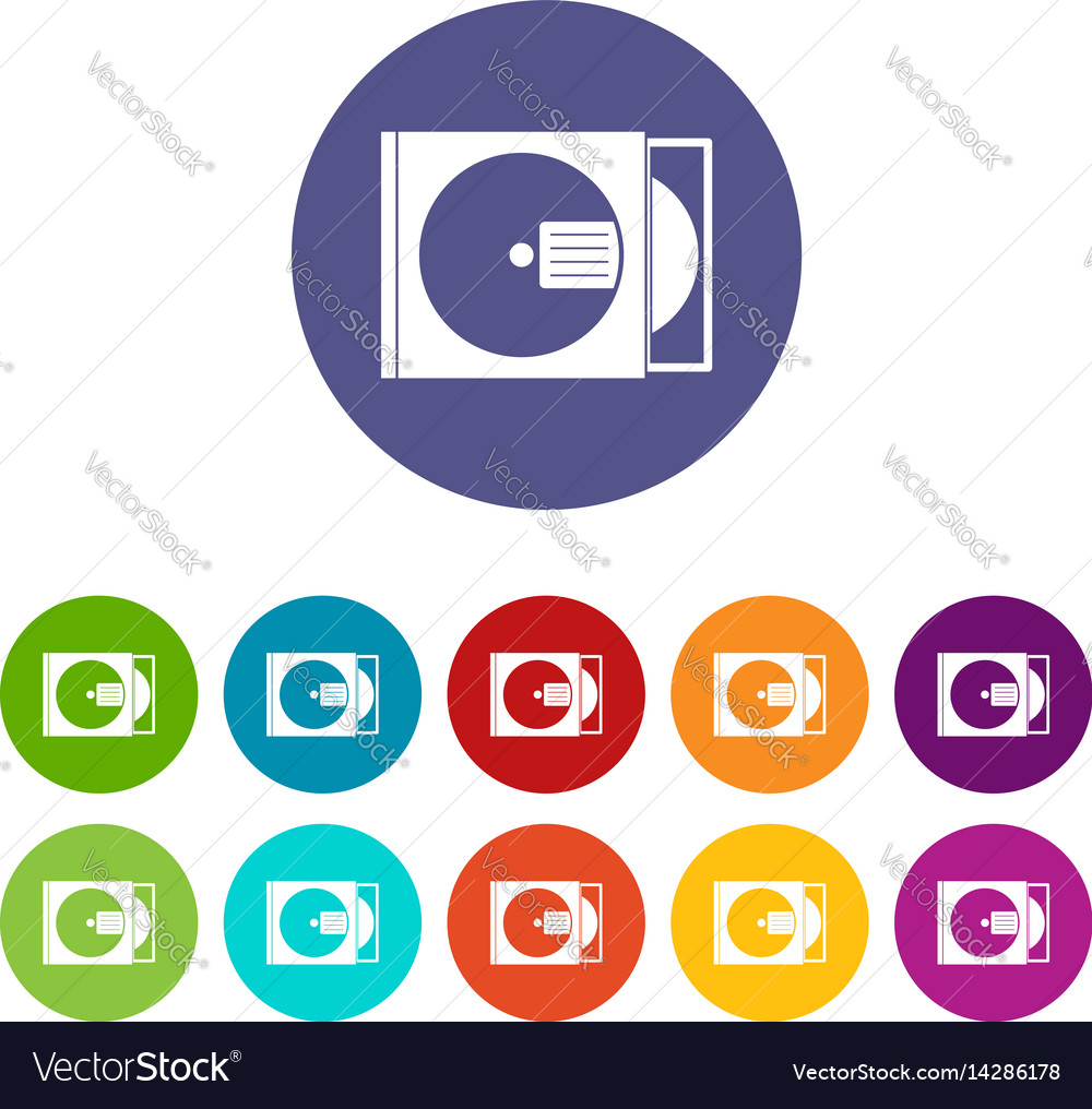 Cd box with disc icons set flat Royalty Free Vector Image