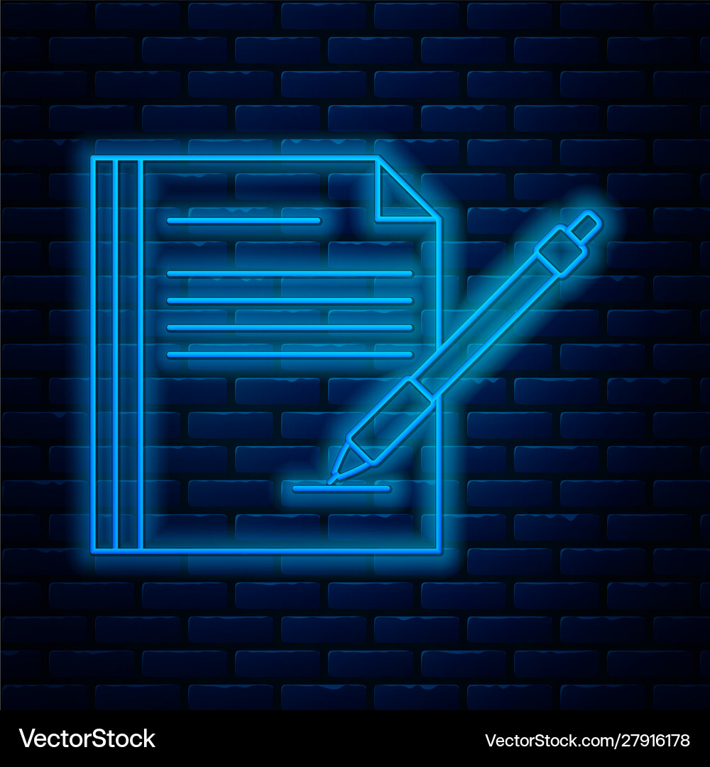 Glowing neon line blank notebook and pen icon Vector Image