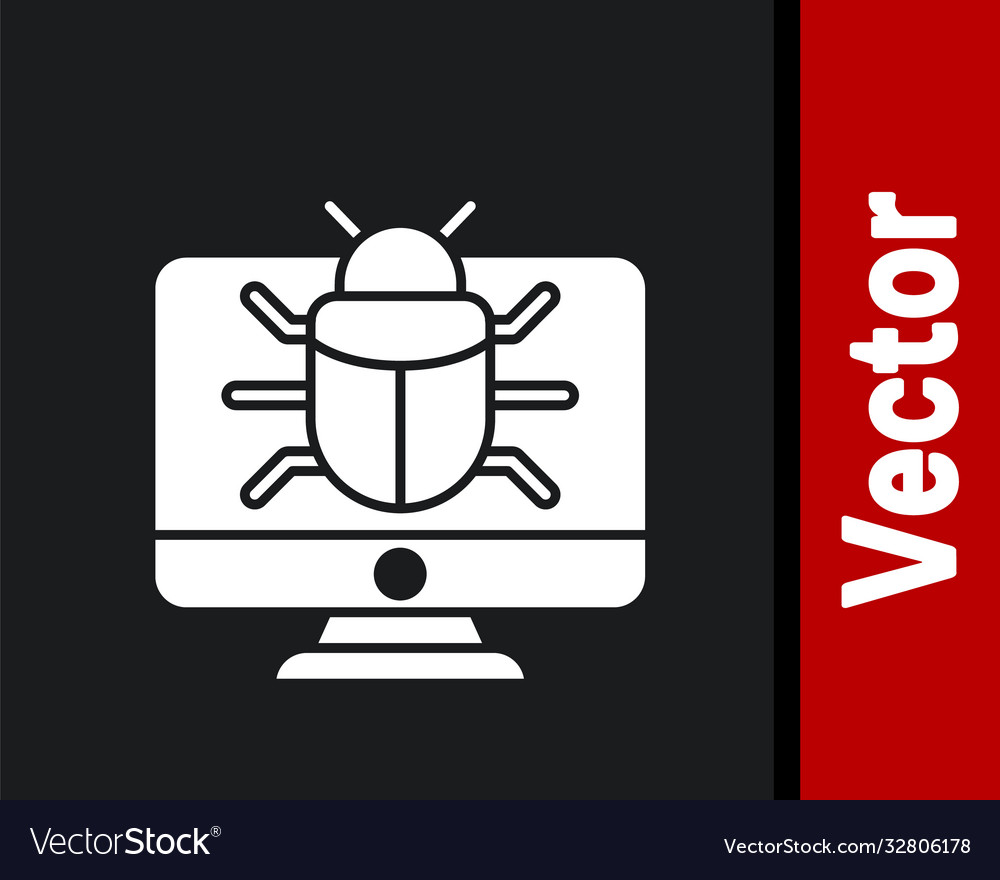 White system bug on monitor icon isolated black Vector Image White system bug on monitor icon isolated black