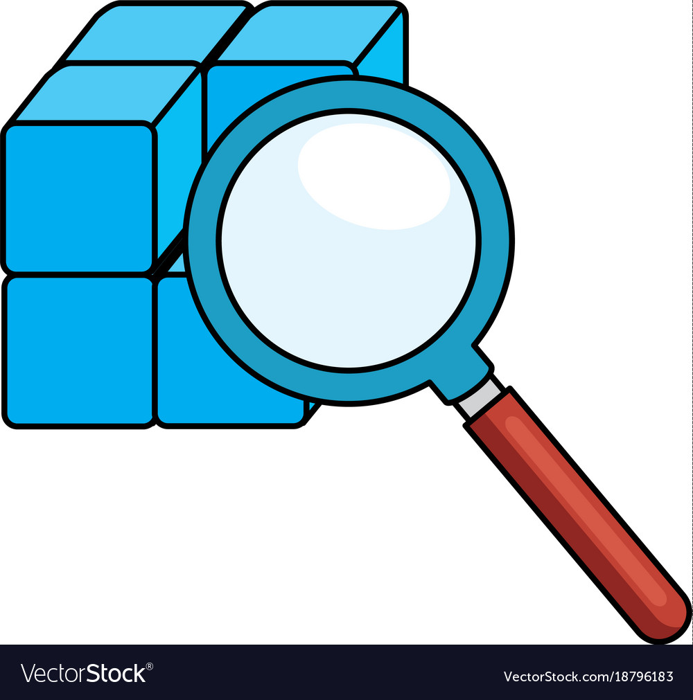 Cube with blocks magnifying glass