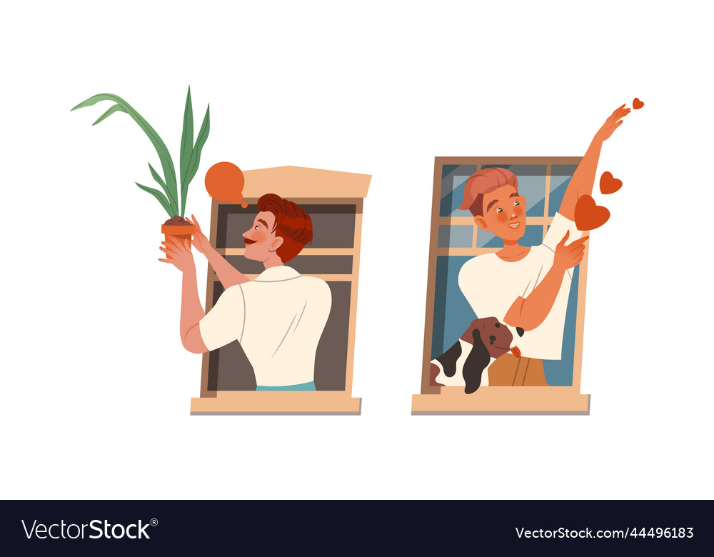 Man in open window talking to neighbor giving vector image Man in open window talking to neighbor giving