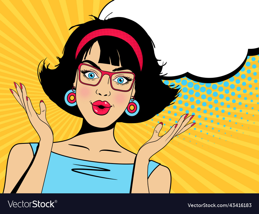 Wow pop art face sexy surprised girl with open