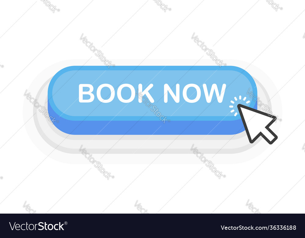 Book now blue 3d button in flat style isolated