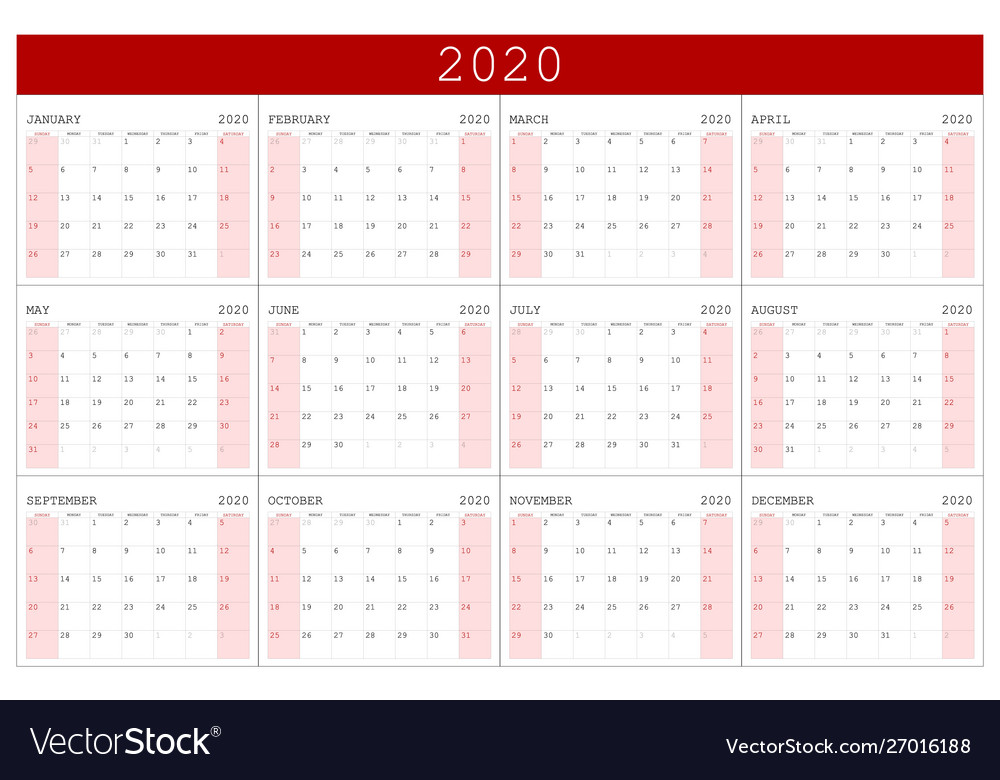 Calendar 2020 basic grid simple design template