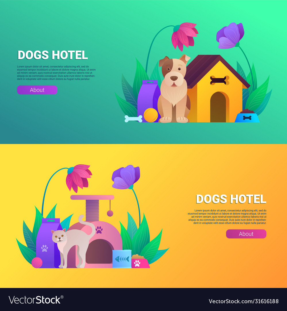 Dogs and cats hotel cartoon horizontal flyers set