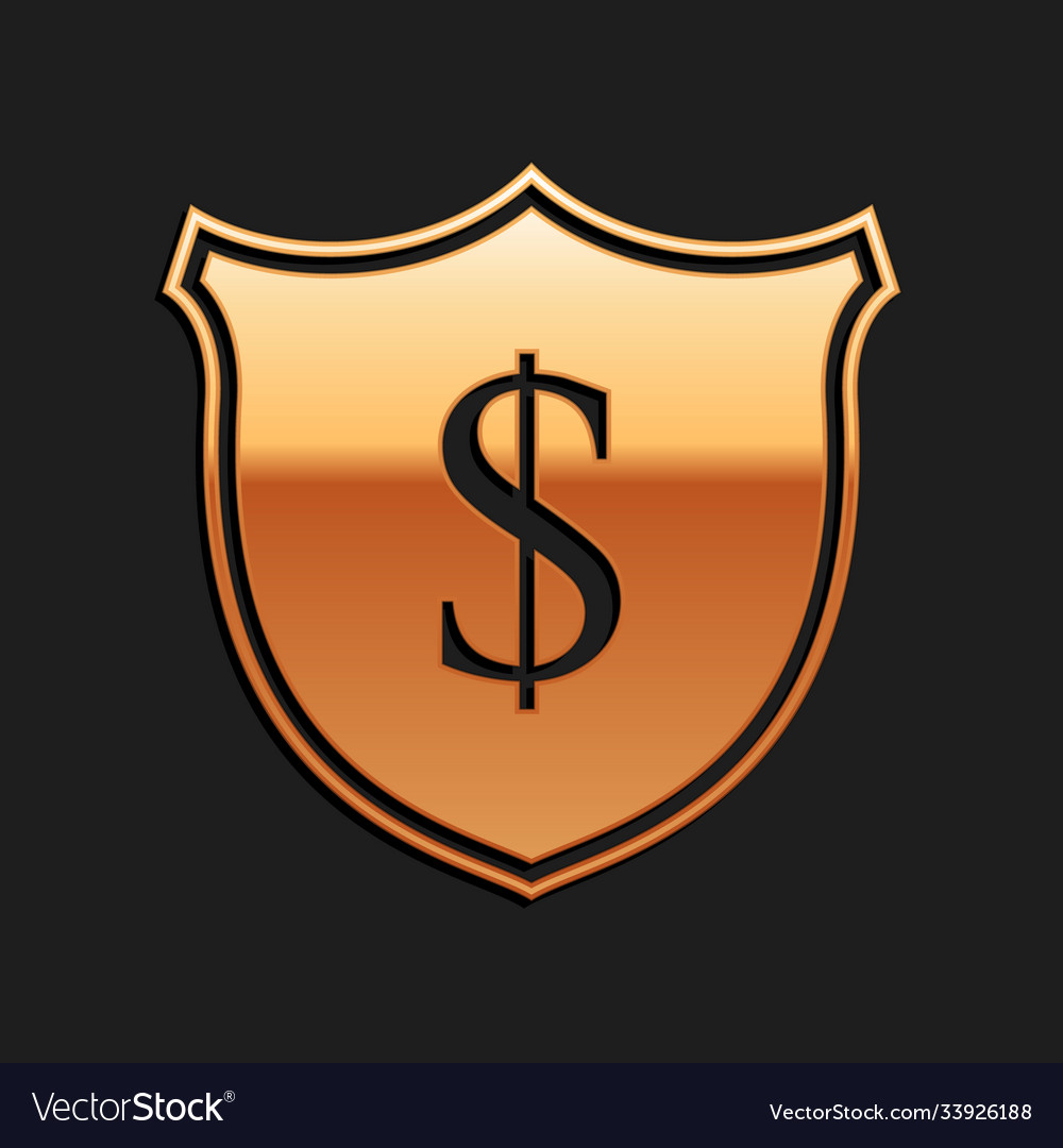 Gold shield and dollar icon isolated on black vector image Gold shield and dollar icon isolated on black