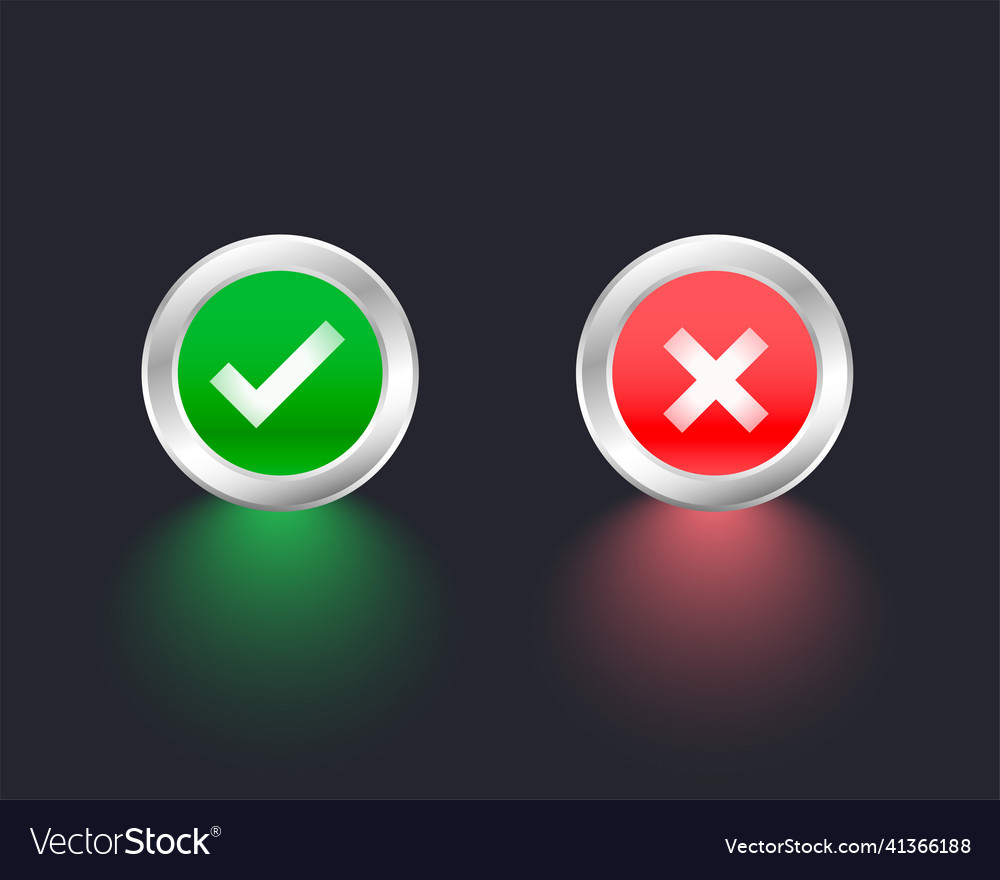 Shiny metallic check mark and cross buttons vector image Shiny metallic check mark and cross buttons