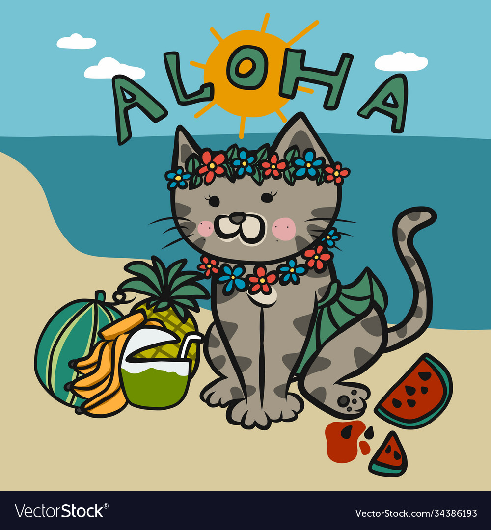 Aloha tabby cat wear hawaii dress cartoon