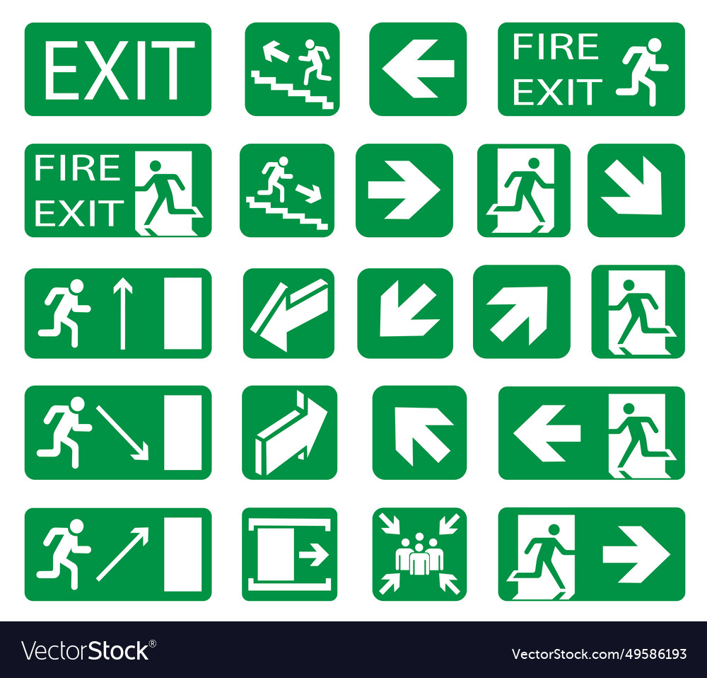 Fire safety signs set of emergency exit Royalty Free Vector