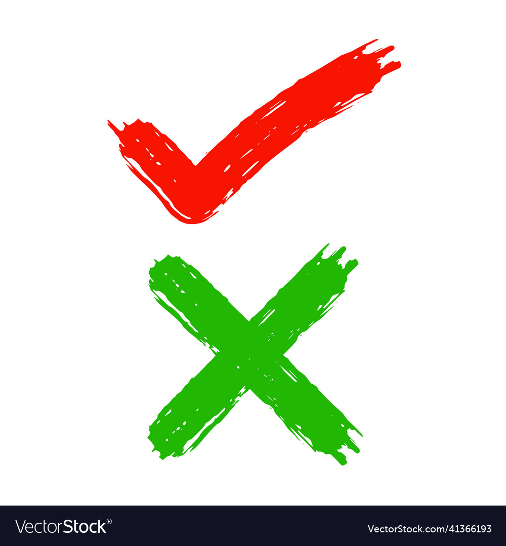 Grunge style check mark and cross symbol design vector image Grunge style check mark and cross symbol design