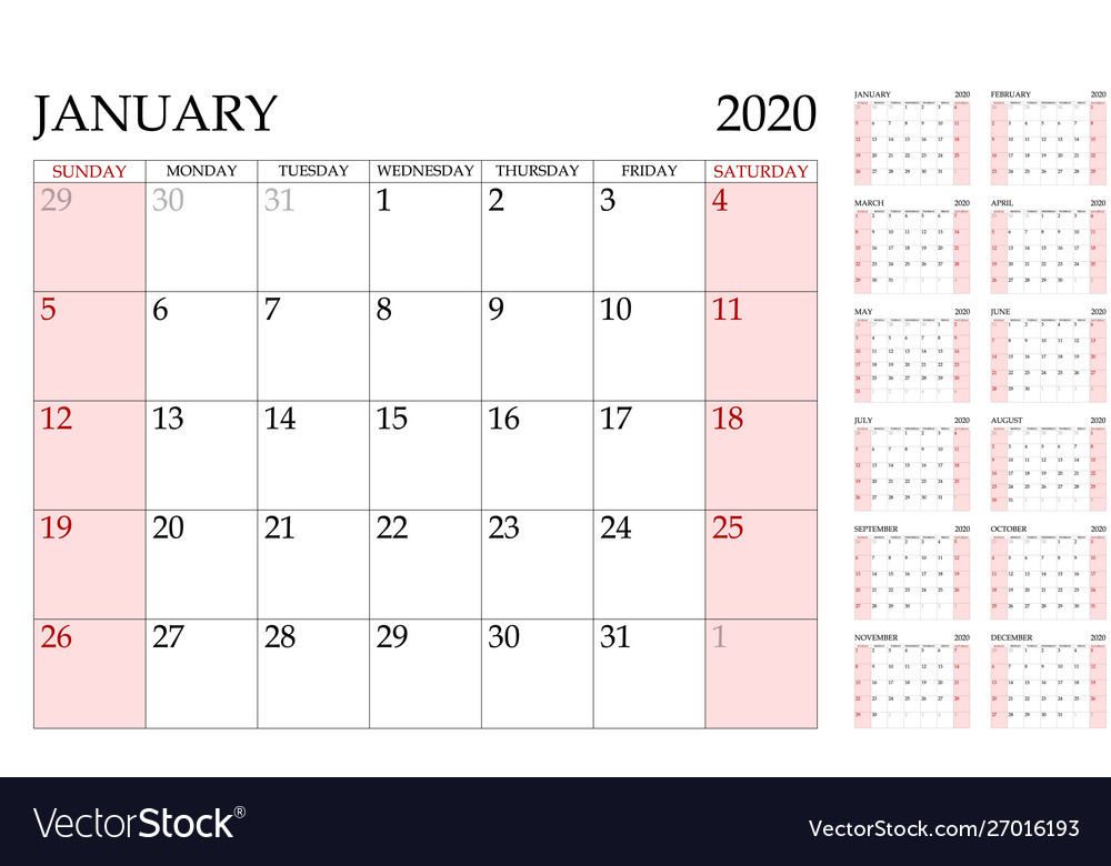 Red calendar 2020 basic grid simple design vector image Red calendar 2020 basic grid simple design