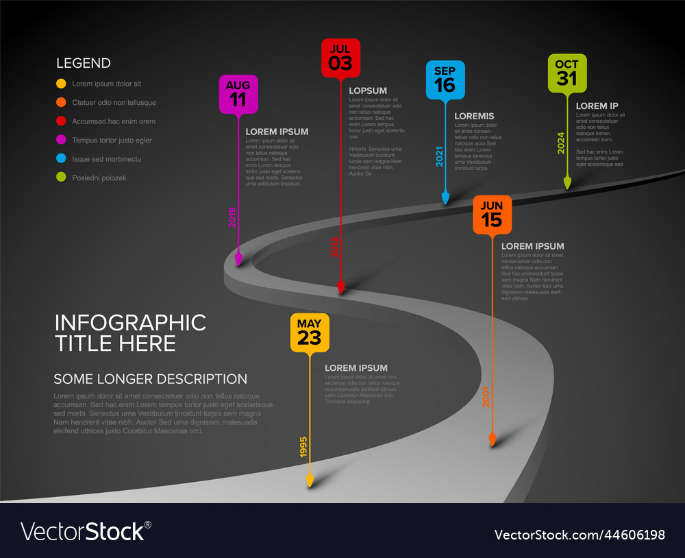 Dark timeline with six square droplet pointers vector image Dark timeline with six square droplet pointers
