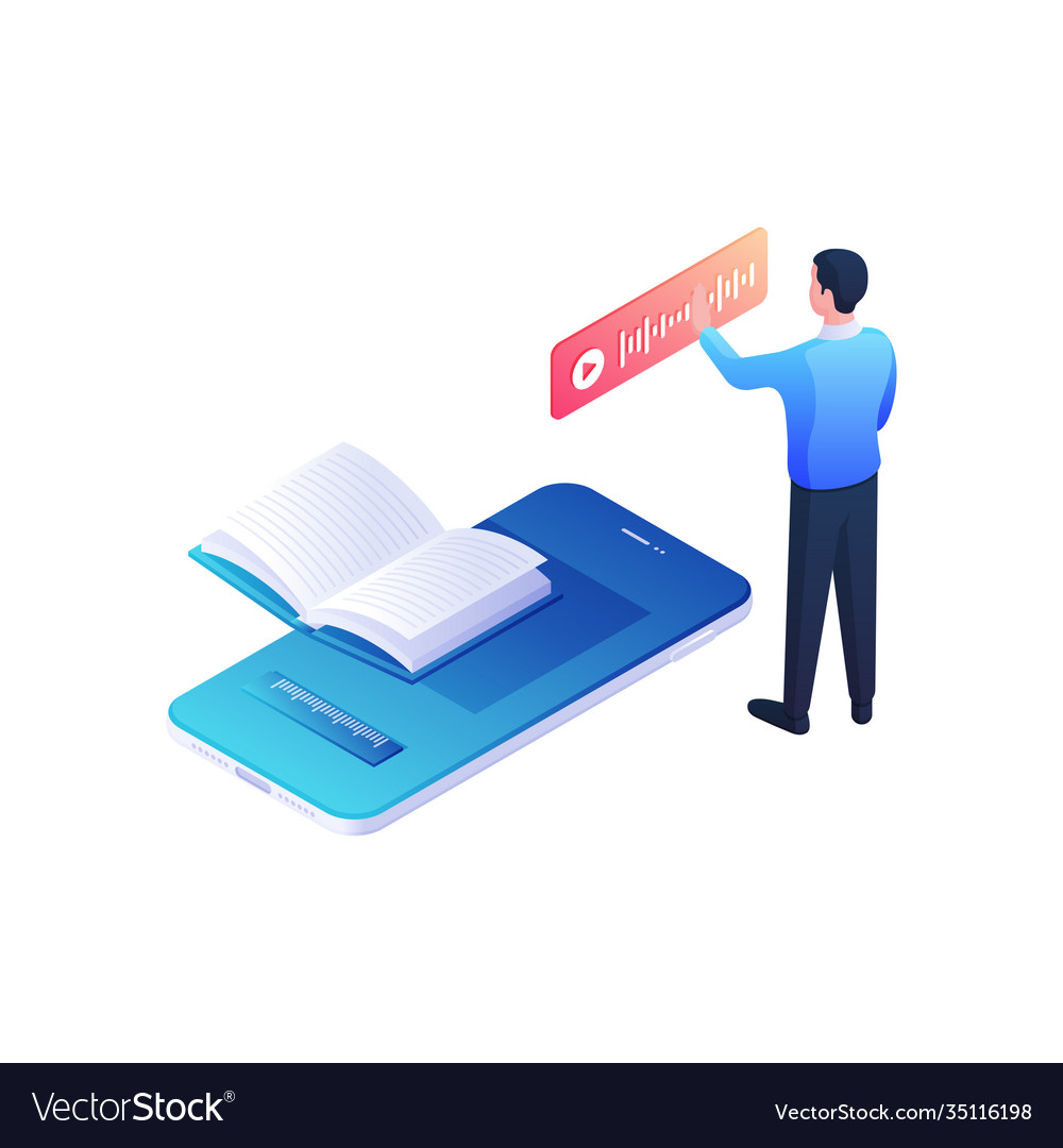 Man listens web book through mobile application Vector Image Man listens web book through mobile application