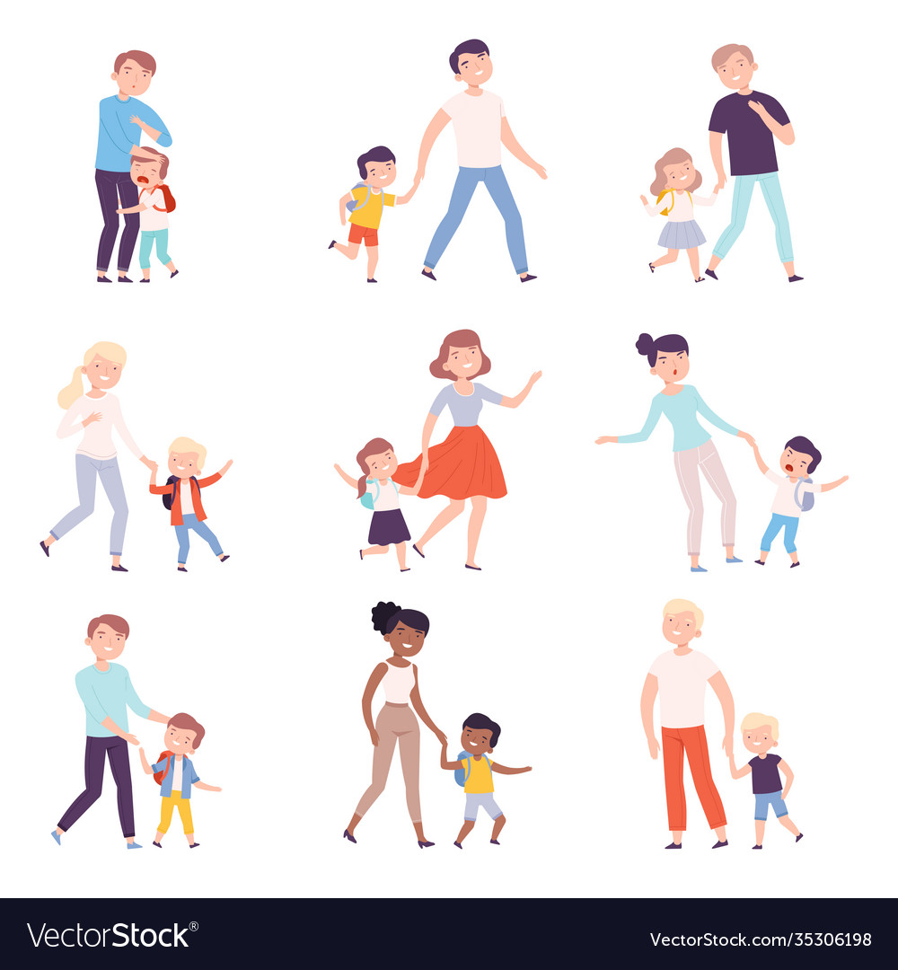 Parents taking their children to lessons set Vector Image