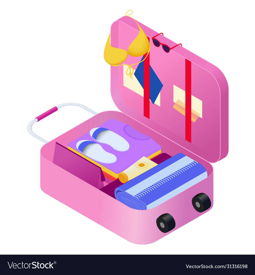 Pink open suitcase on wheels with stuff for rest vector image Pink open suitcase on wheels with stuff for rest
