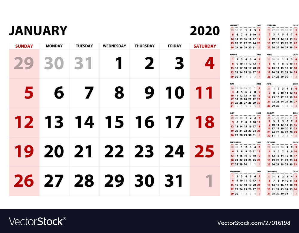 Red calendar 2020 basic grid simple design vector image Red calendar 2020 basic grid simple design