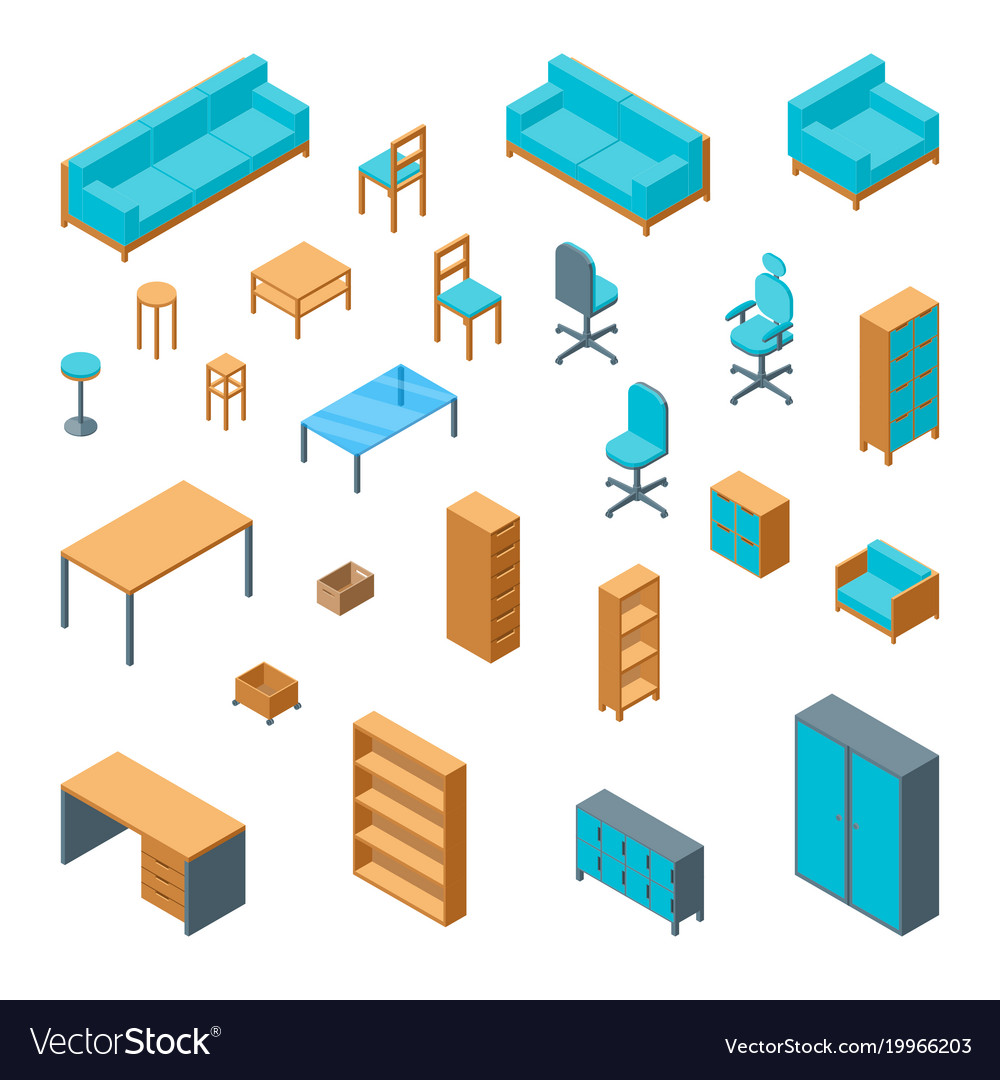 Download Office furniture 3d icons set isometric view Vector Image