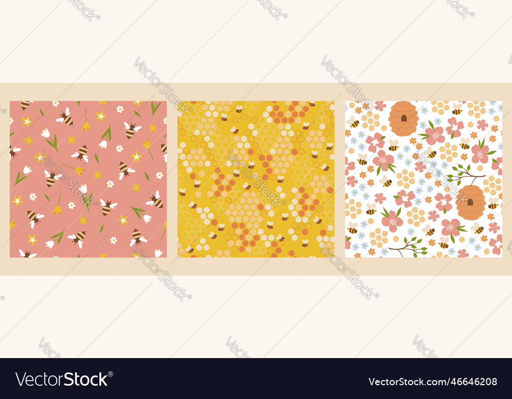 Set of seamless patterns with bees and flowers