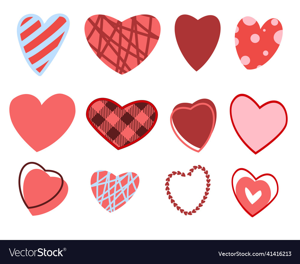 A set of hearts with different textures in red vector image A set of hearts with different textures in red