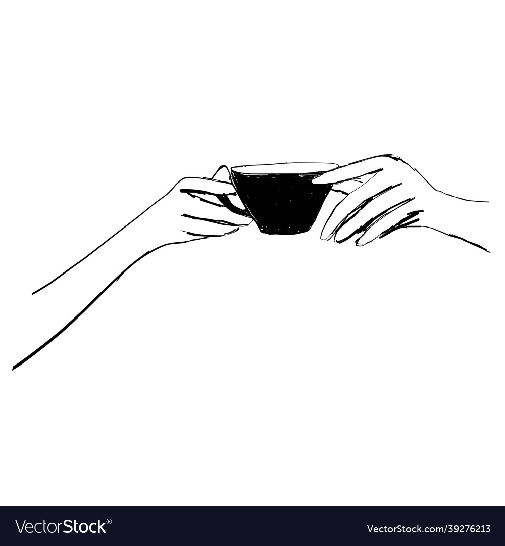 Hand drawn sketch of hands holding a cup coffee