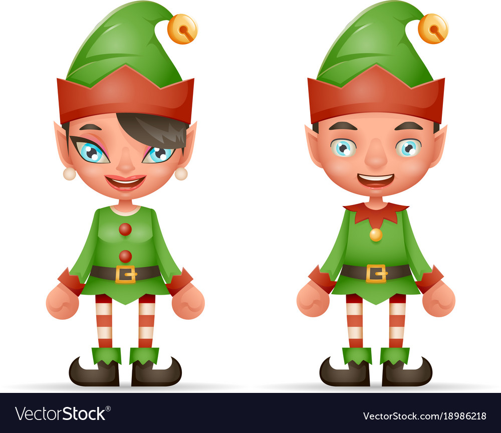 Cute cartoon elf boy and girl characters christmas