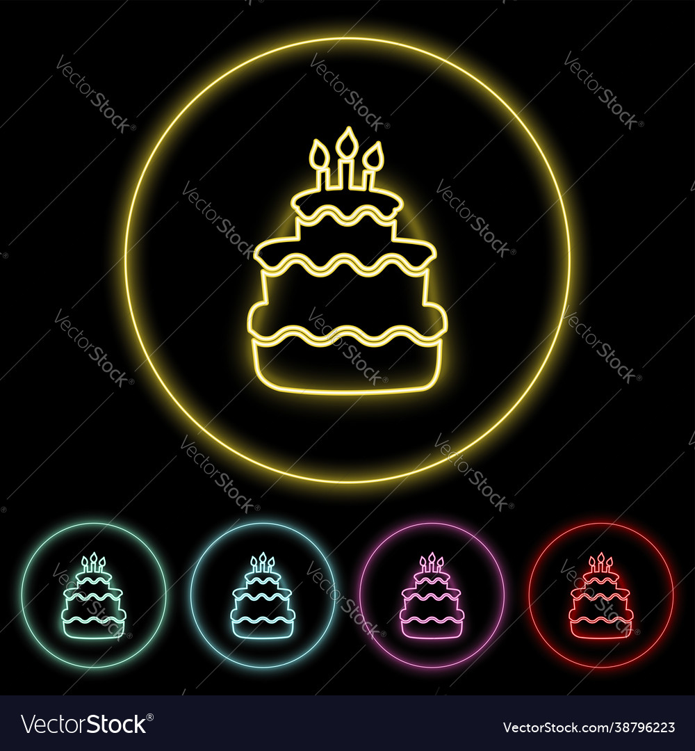 Birthday cake flat icon neon style