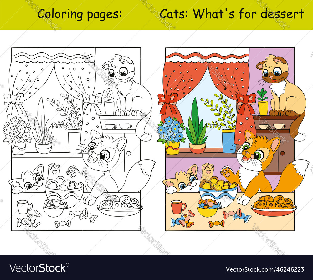 Coloring and color cute cats on a kitchen