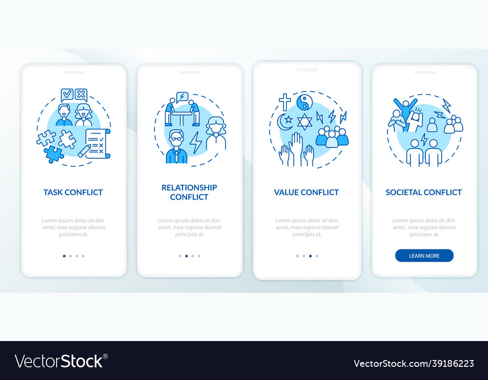 Conflict types blue onboarding mobile app page