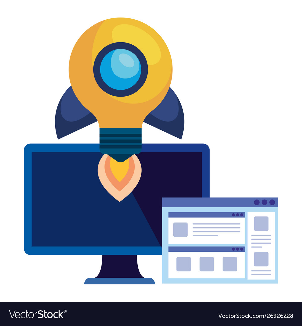 Desktop with rocket bulb and webpage template vector image Desktop with rocket bulb and webpage template