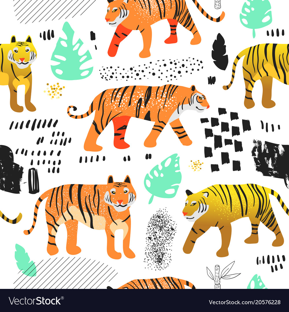 Seamless pattern cute tigers childish background Vector Image