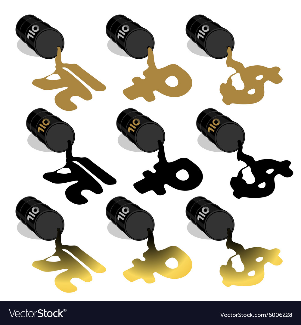 Set of black crude oil barrel form currency symbol